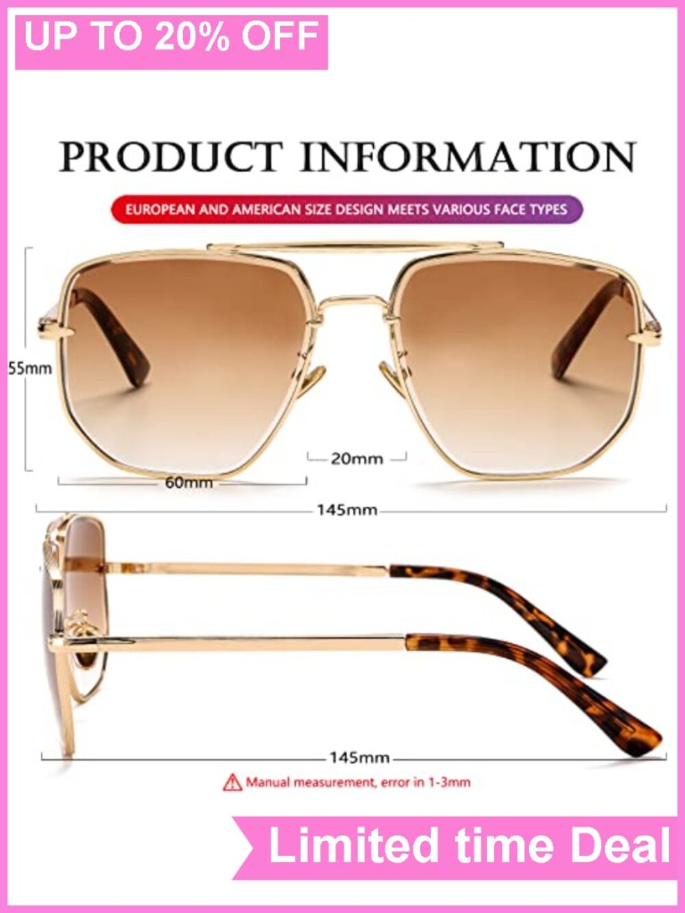 Oversized Square Aviator Sunglasses for Men Women UV400 - Picture 5 of 6